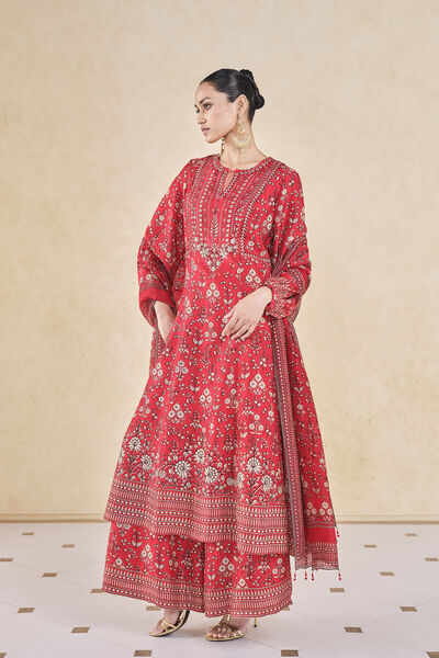 Niral Printed Silk Anarkali Set - Red